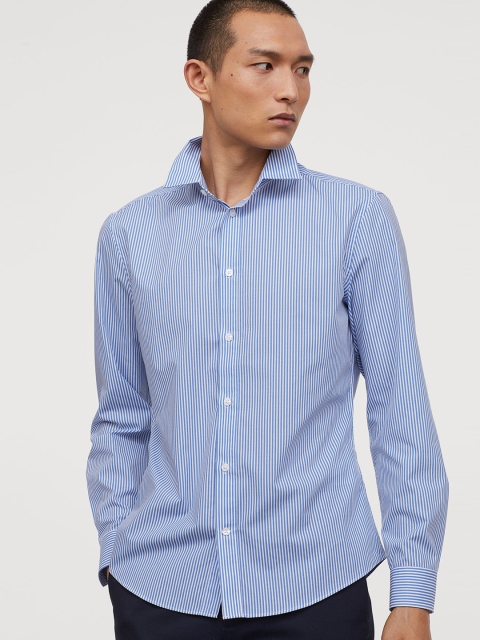 H&M Men Blue & White Easy-Iron Shirt Slim Fit