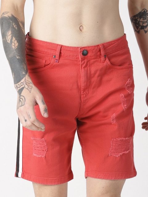 

Blue Saint Men Red Solid Slim Fit Distressed Denim Shorts