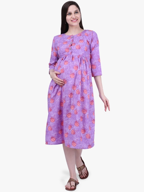 

MomToBe Women Maternity Lavender Floral Printed Fit and Flare Dress