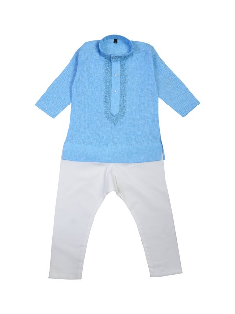 

La Bele Boys Blue & White Embroidered Kurta with Pyjamas
