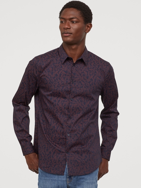 

H&M Men Navy Blue & Maroon Printed Stretch Shirt Slim Fit