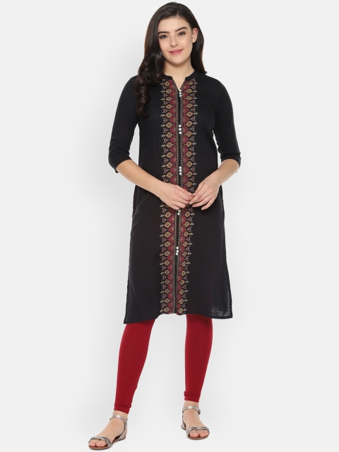

People Women Black Printed Straight Kurta