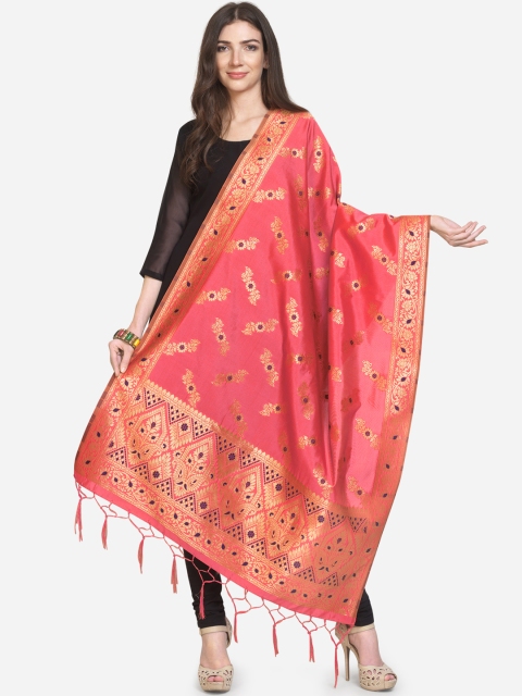 

Satrani Peach-Coloured & Gold-Toned Woven Design Jacquard Banarasi Dupatta