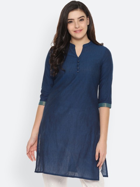 

People Women Navy Blue Solid Straight Kurta