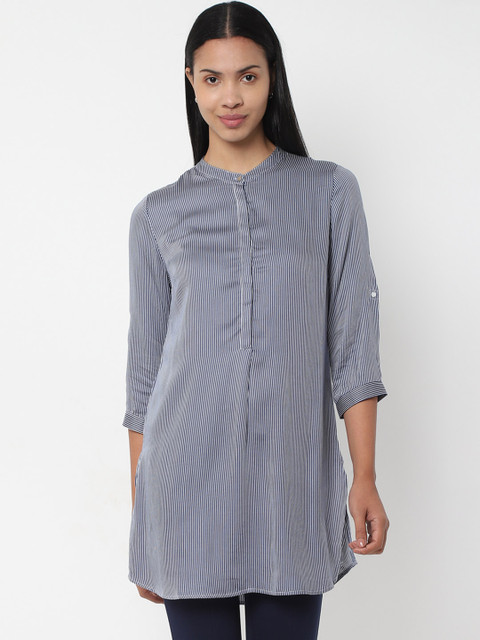 

Allen Solly Woman Navy Blue & Off-White Striped Tunic