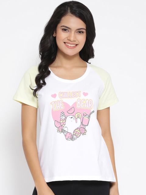 

Clovia Women White & Pink Printed Lounge T-shirt, Yellow