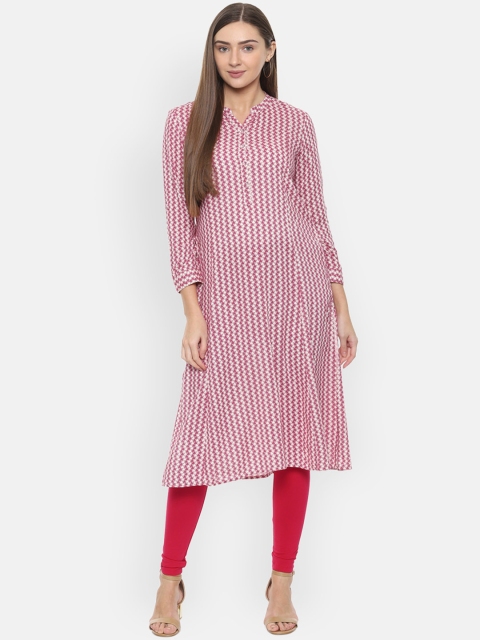 

People Women Pink & White Printed Straight Kurta