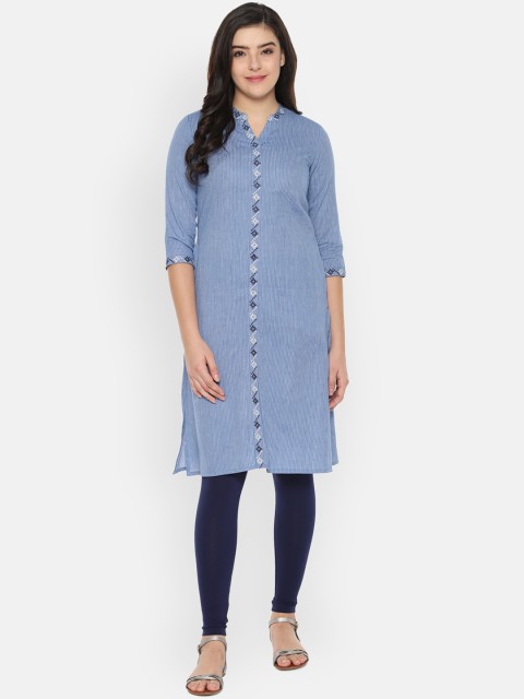 

People Women Blue Striped Straight Kurta
