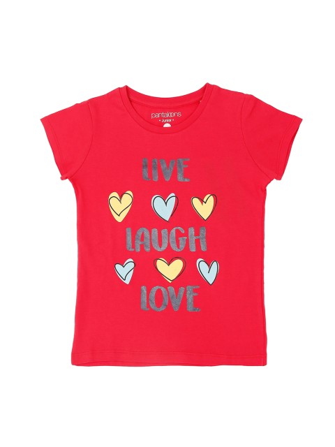 

Pantaloons Junior Girls Coral Red Printed Round Neck T-shirt