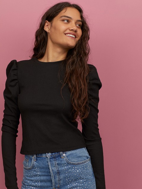 

H&M Women Black Solid Puff-Sleeved top