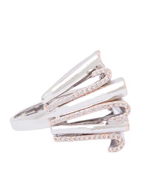 

shaze Silver-Toned & Gold-Toned Stone Studded Interlocked Finger Ring