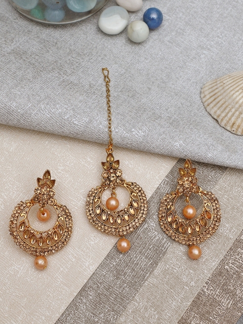 

Crunchy Fashion Gold-Toned Antique Style Drop Earrings & Maang Tika Set