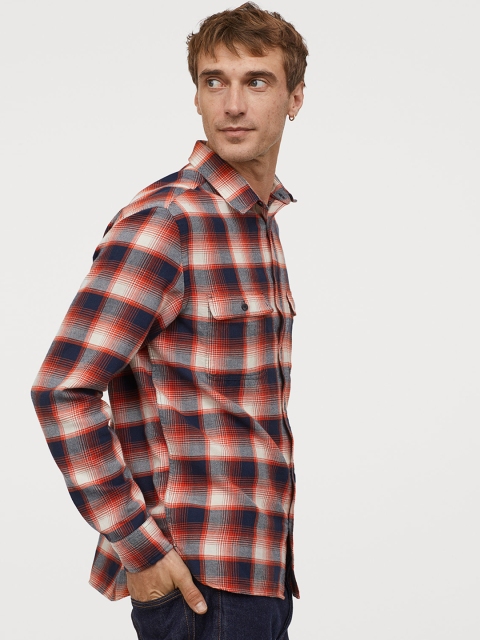 

H&M Men Orange & Grey Cotton Shirt Regular Fit