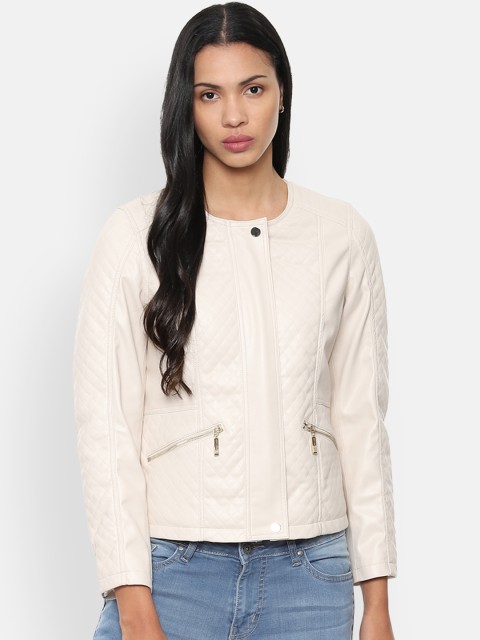 

Van Heusen Woman Women Beige Self Design Biker Jacket