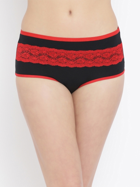 

Clovia Women Black & Red High-Rise Hipster Briefs With Red Lace Insert PN3421P04S