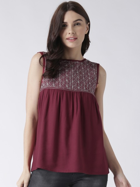 

MsFQ Women Maroon Embroidered A-Line Top