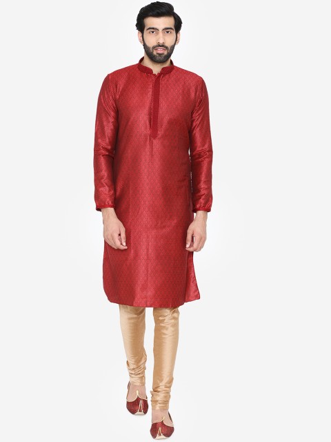 

Manyavar Men Maroon Self Design Kurta with Churidar