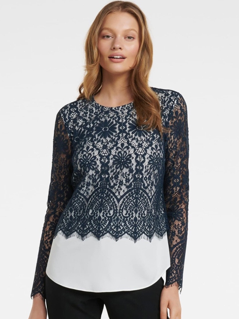 

Forever New Women Navy Blue & White Self Design Top