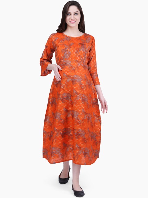 

MomToBe Women Orange & Grey Printed Fit and Flare Maternity Dress