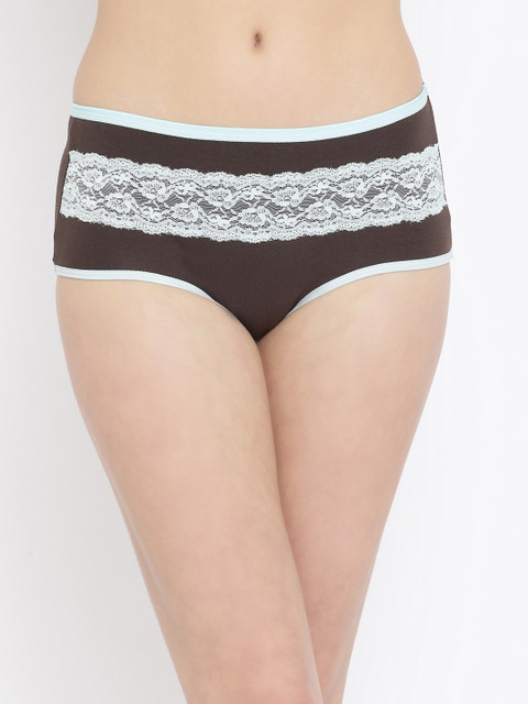 

Clovia Women Brown High-Rise Hipster Briefs With White Lace Insert PN3421P11, Green