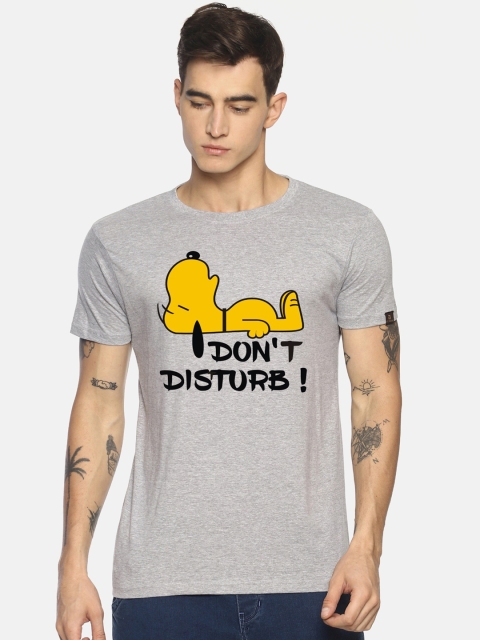 

Le Bison Men Grey & Yellow Printed Round Neck T-shirt