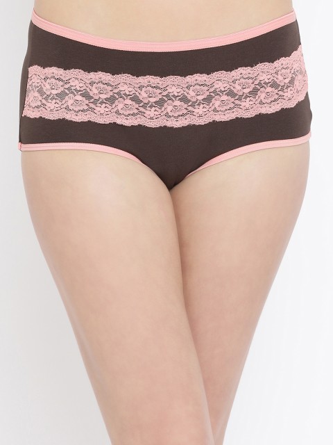 

Clovia Women Brown & Pink High-Rise Hipster Brief With Pink Lace Insert PN3421P16S, Black