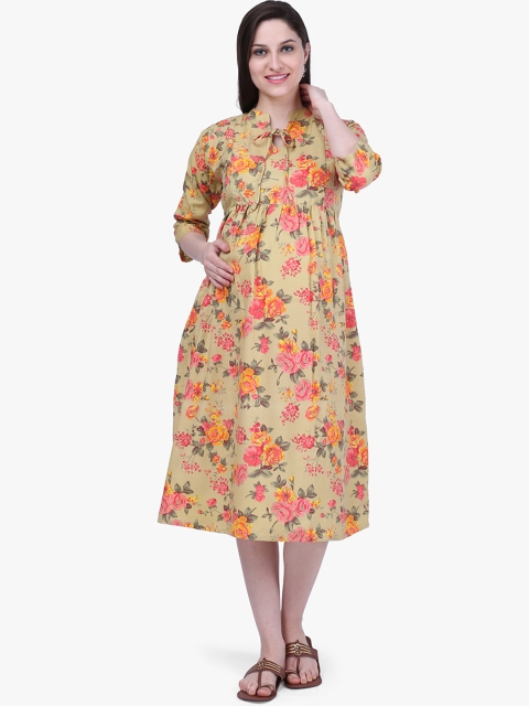

MomToBe Women Beige Printed Fit and Flare Maternity Dress