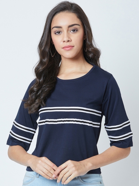 

The Dry State Women Navy Blue Slim Fit Striped Round Neck T-shirt