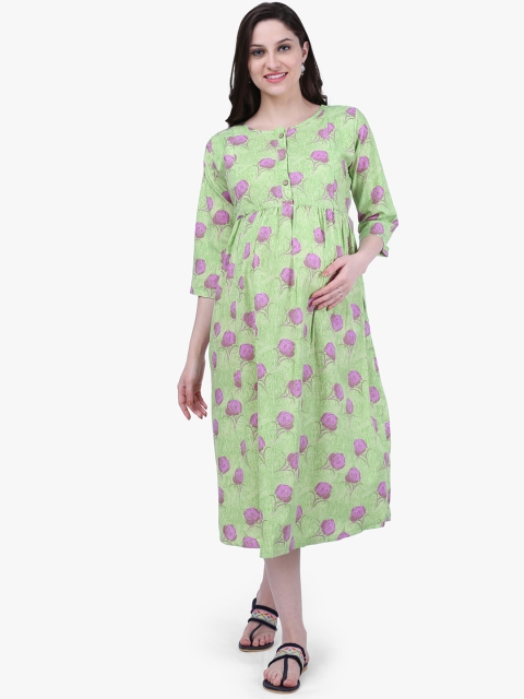

MomToBe Women Green Printed Fit and Flare Maternity Dress