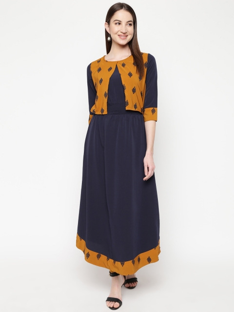 

Napra Women Navy Blue & Mustard Yellow Solid Layered A-Line Kurta