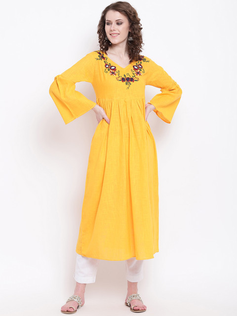 

Napra Women Mustard Yellow Embroidered A-Line Kurta