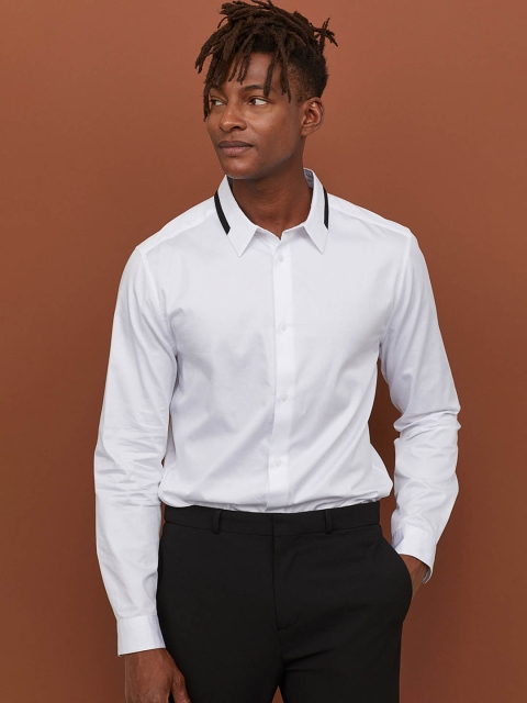 

H&M Men White Solid Cotton Shirt Slim Fit
