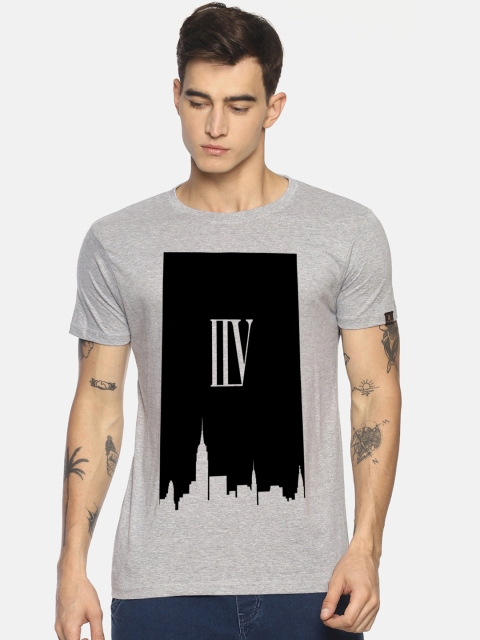 

Le Bison Men Grey Printed Round Neck T-shirt