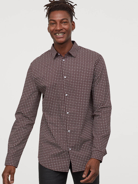 

H&M Men Red & Off-White Printed Cotton-Blend Shirt Slim Fit