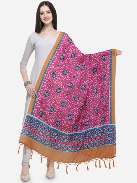 

Satrani Pink & Mustard Yellow Patola Printed Dupatta