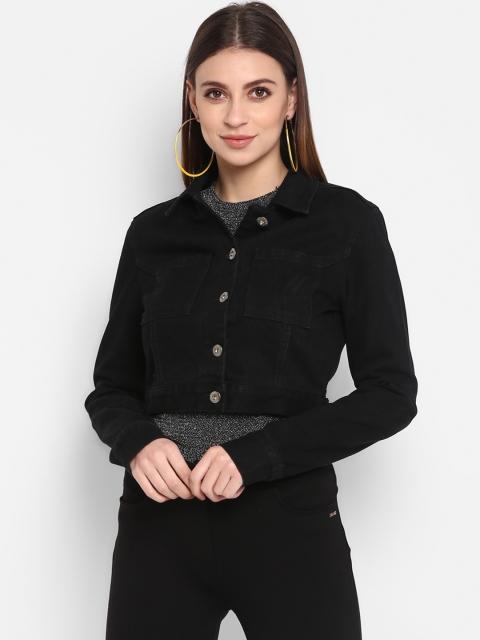 

FOSH Women Black Solid Denim Jacket