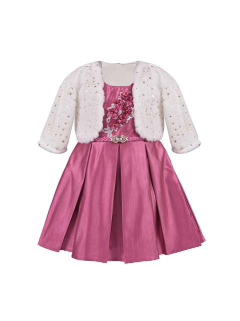 

Wish Karo Girls Pink & White Embellished Silk Fit and Flare Dress With Shrug