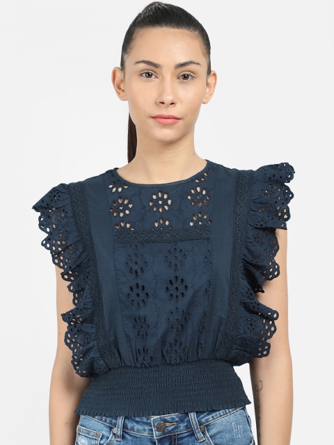 

COVER STORY Women Navy Blue Self Design Cinched Waist Top