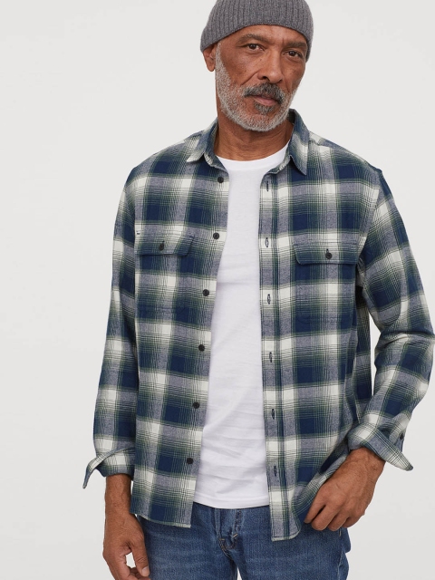 

H&M Men Blue & White Checked Cotton Shirt Regular Fit
