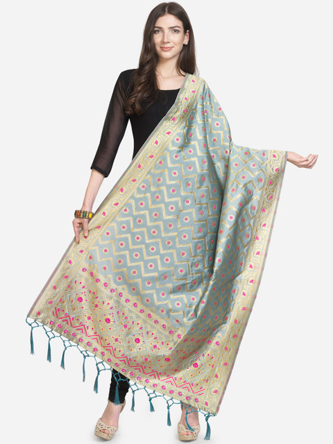 

Satrani Grey & Gold-Coloured Woven Design Poly Silk Jacquard Banarasi Dupatta