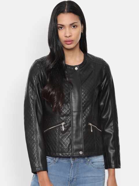 

Van Heusen Woman Women Black Self Design Biker Jacket