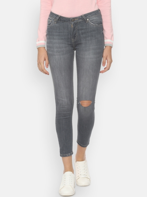 

People Women Grey Regular Fit Mid-Rise Slash Knee Stretchable Jeans