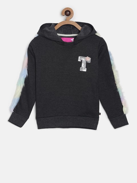 

TALES & STORIES Girls Charcoal Grey Solid Hooded Sweatshirt With Applique Detailing