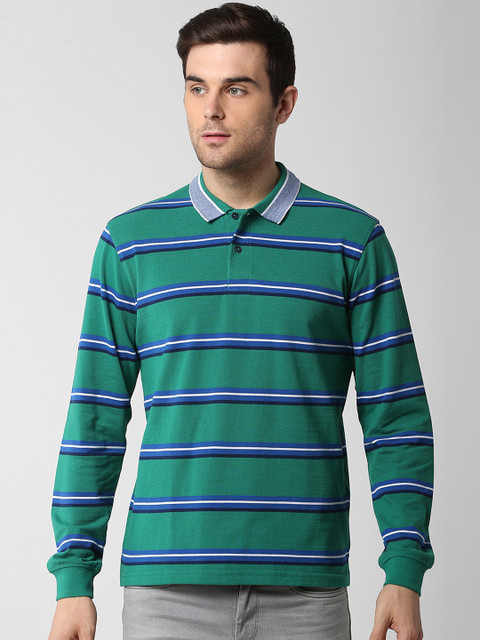 

Peter England Casuals Men Green Striped Polo Collar T-shirt