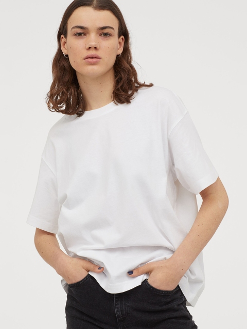 

H&M Women White Solid Wide Cotton T-Shirt