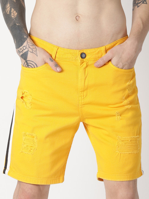

Blue Saint Men Yellow Solid Slim Fit Distressed Denim Shorts