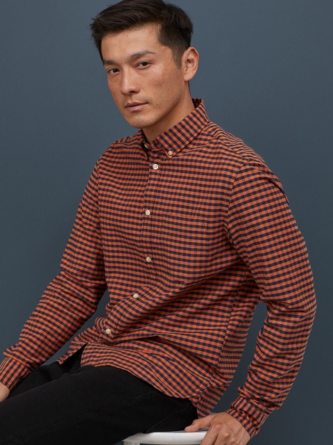 

H&M Men Orange & Navy Blue Oxford Shirt Regular Fit