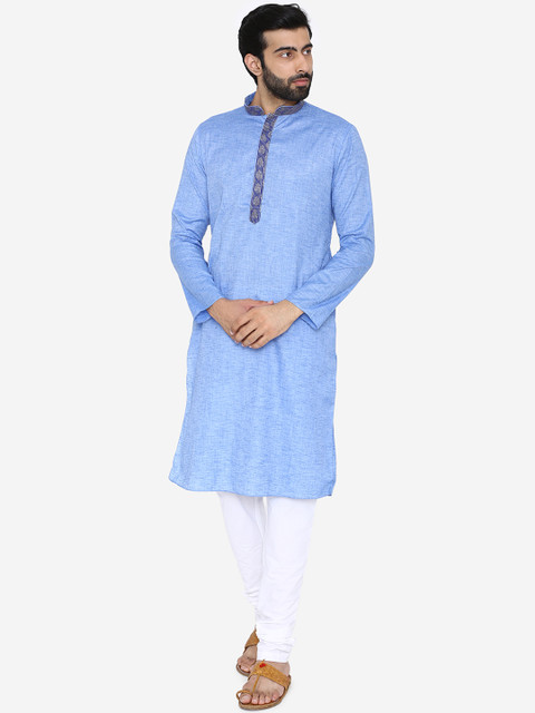 

Manyavar Men Blue Solid Kurta with Churidar