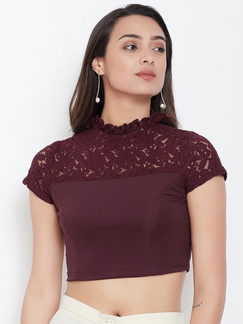 

Meee Women Burgundy Self Design Knitted Crop Top
