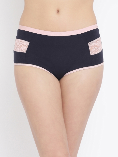

Clovia Women Navy Blue Solid High-Rise Hipster Briefs With Pink Lace Inserts PN3422P16, Orange